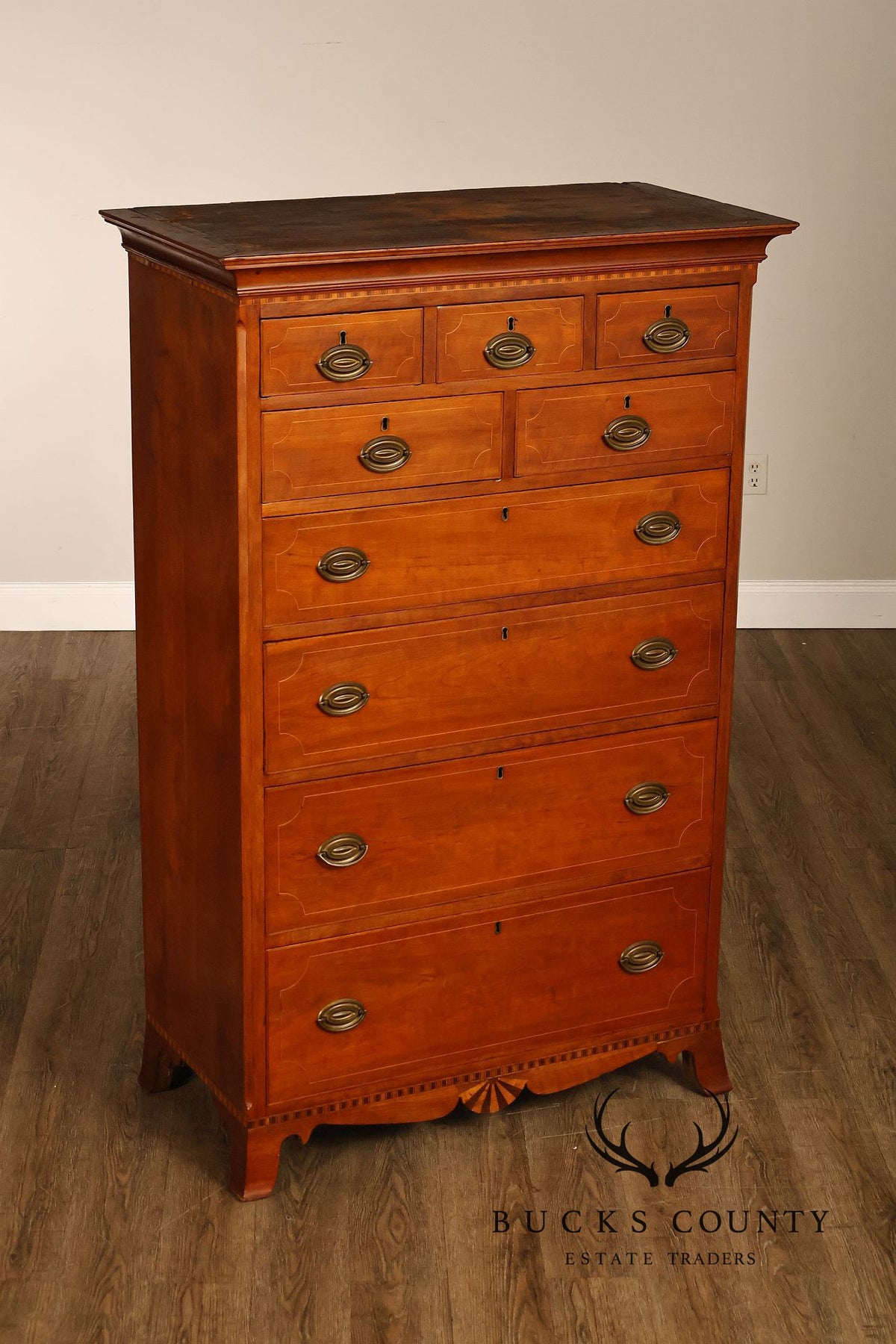 Antique Hepplewhite Inlaid Cherry Tall Dresser