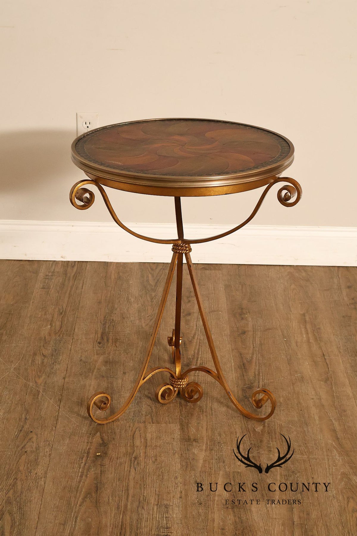 Theodore Alexander Decorative Swirl Accent Table with Metal Scroll Base