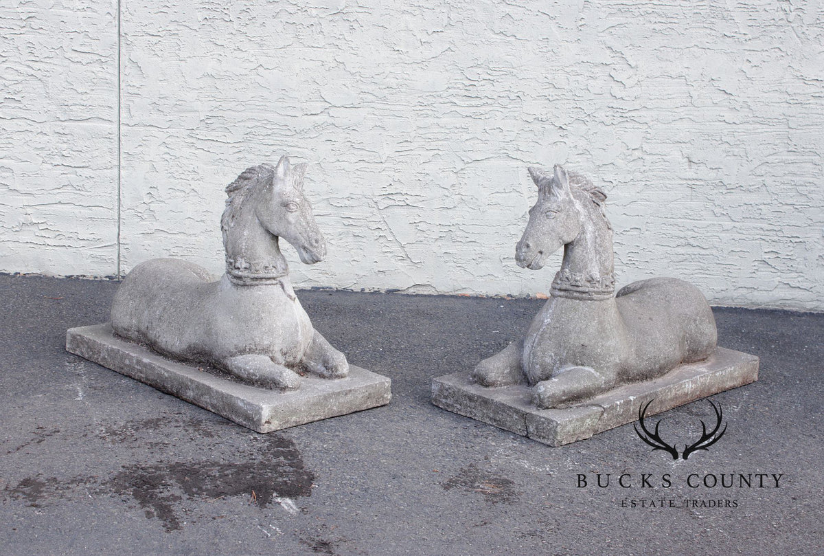 Vintage Pair Of Cast Stone Horse Garden Statues