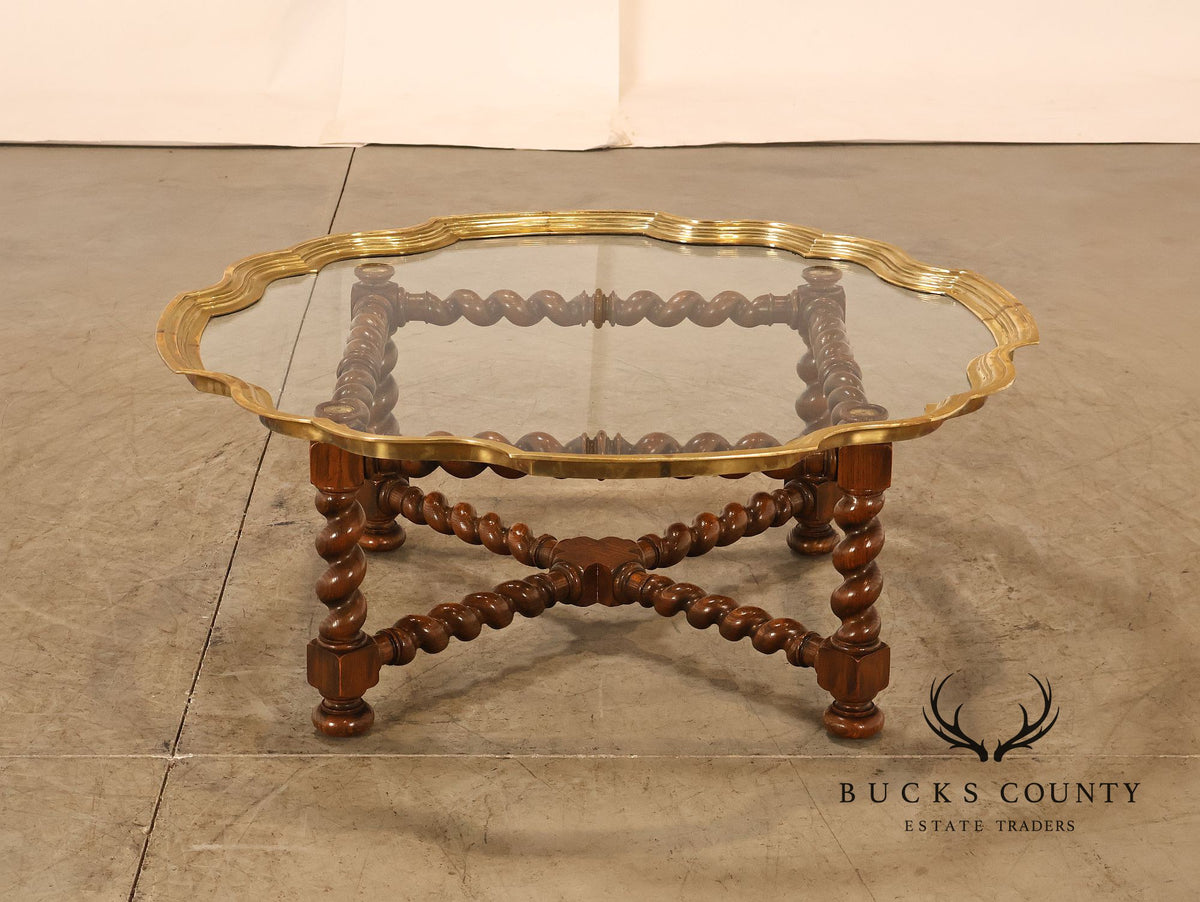 Baker Vintage Oak Barley Twist Scalloped Brass And Glass Top Coffee Table