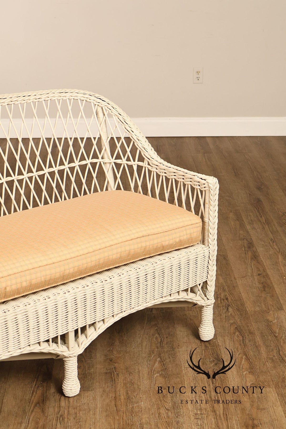Vintage White Wicker Loveseat With Upholstered Seat Cushion