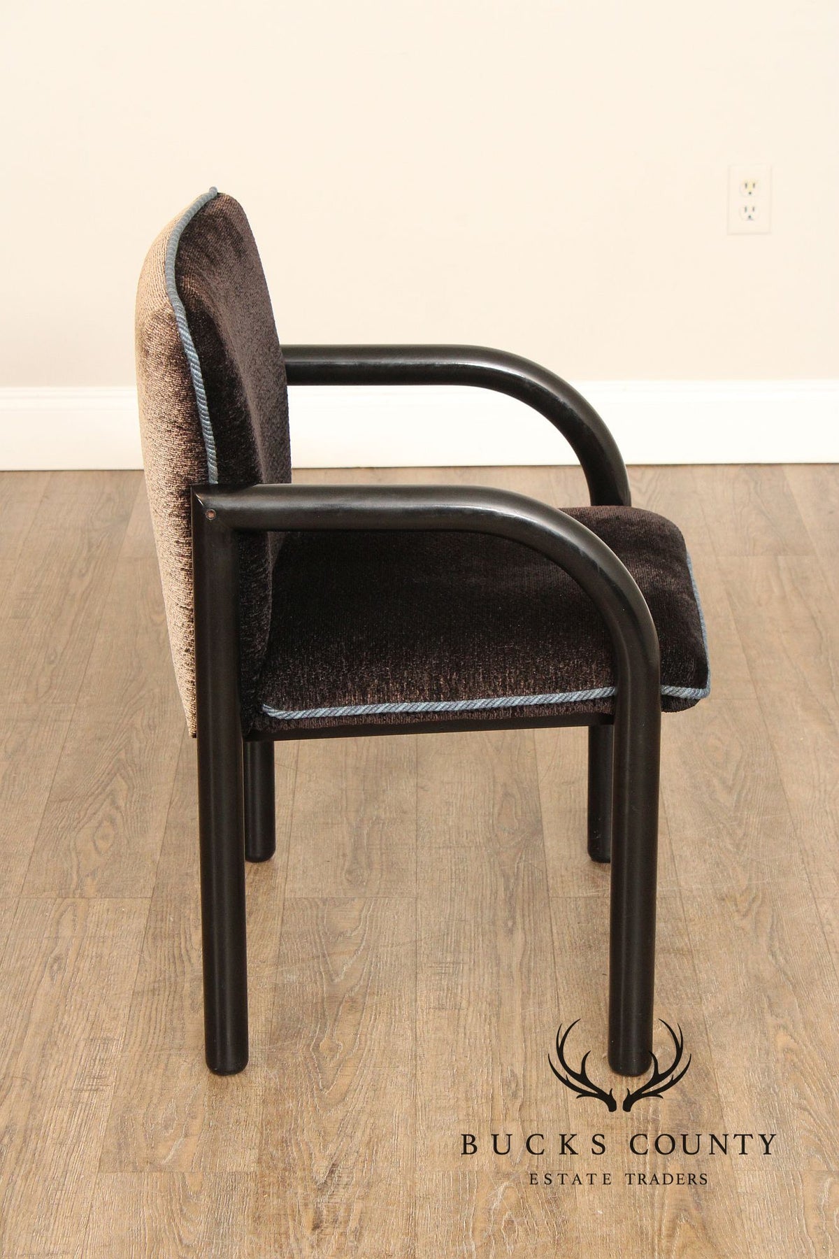 Postmodern Style Pair of Black Frame Upholstered Armchairs