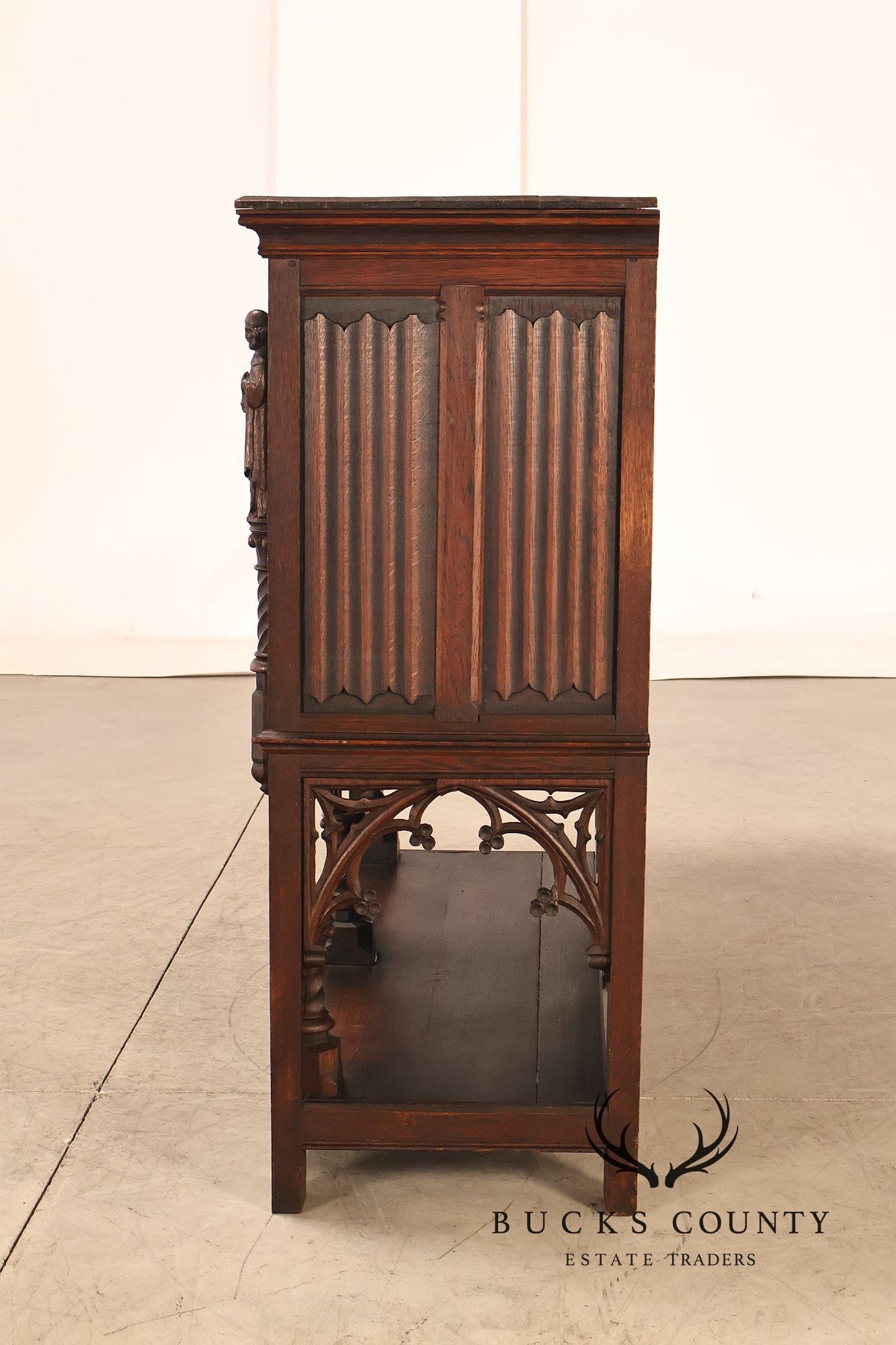 Antique Neo-Gothic Carved Oak Sideboard Server With Figural Panels