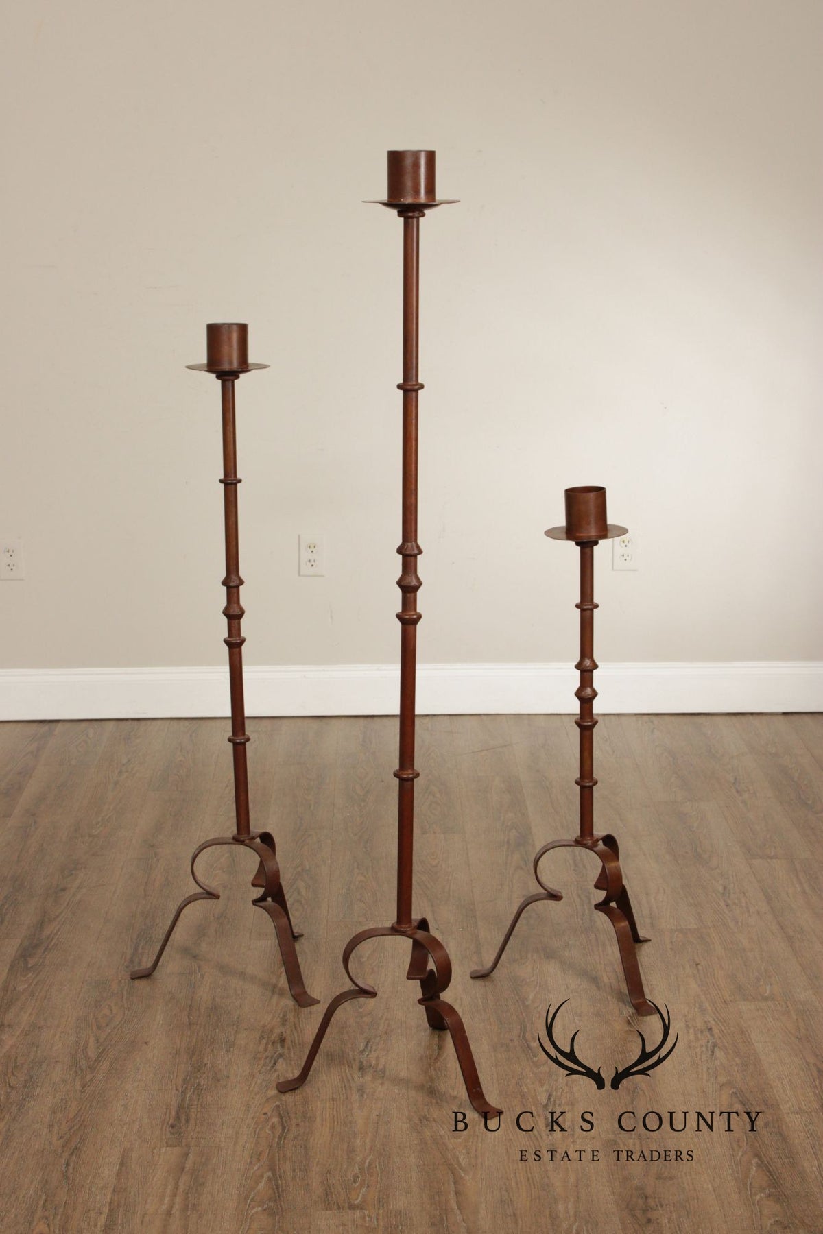 Vintage European Set of Three Tall Iron Candlesticks