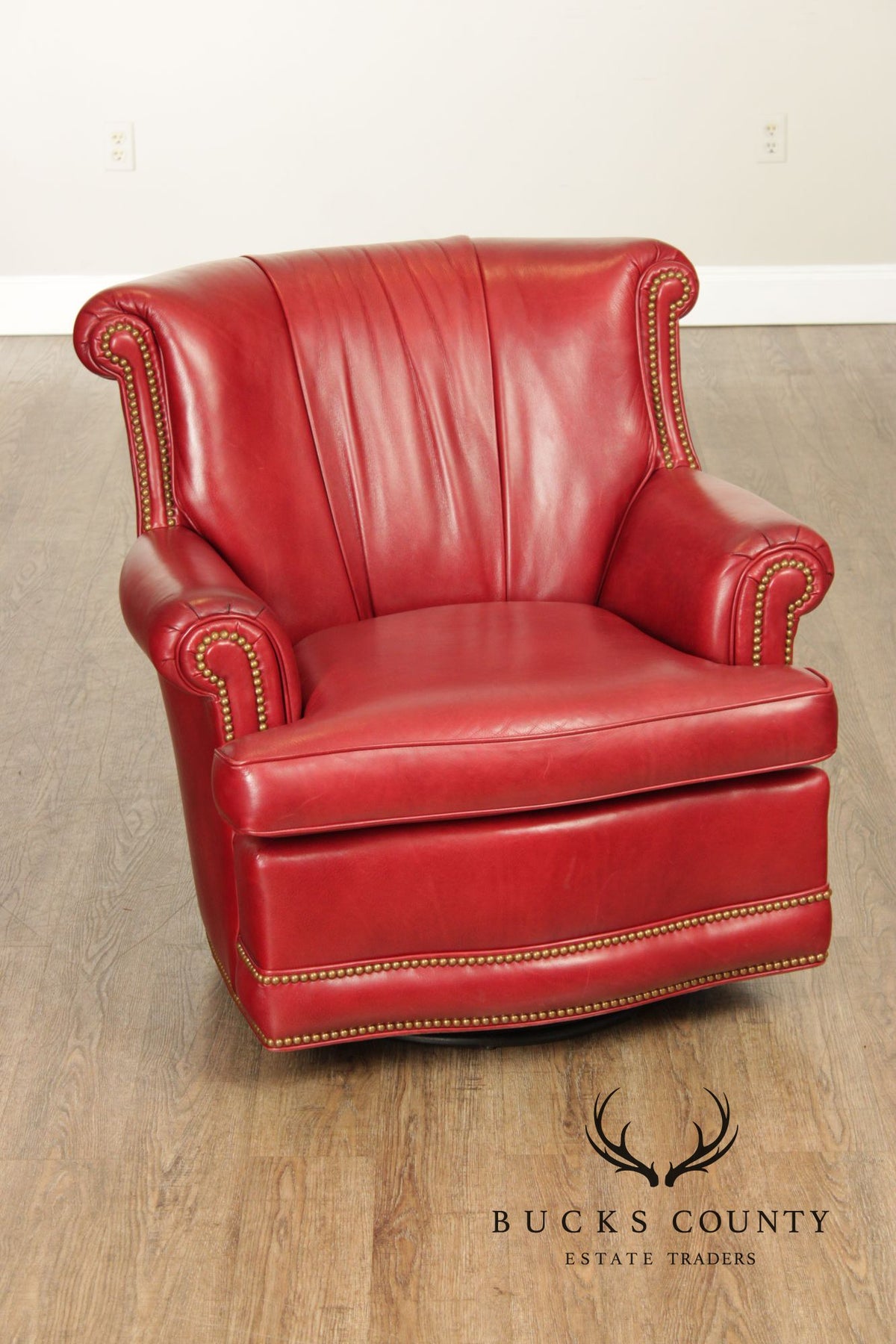 Hancock & Moore Red Leather Swivel Club Chair With Nailhead Trim