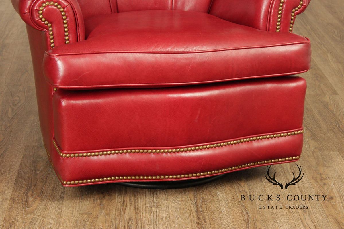 Hancock & Moore Red Leather Swivel Club Chair With Nailhead Trim