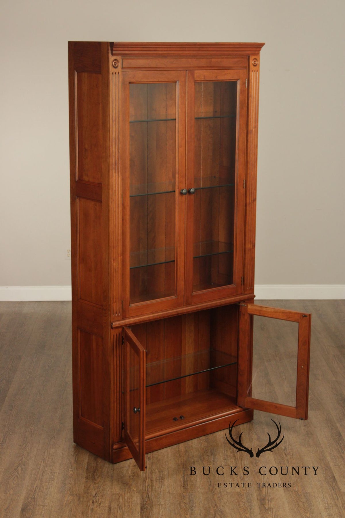 Stickley Tall Cherry Traditional Lighted Glass Door Display Cabinet