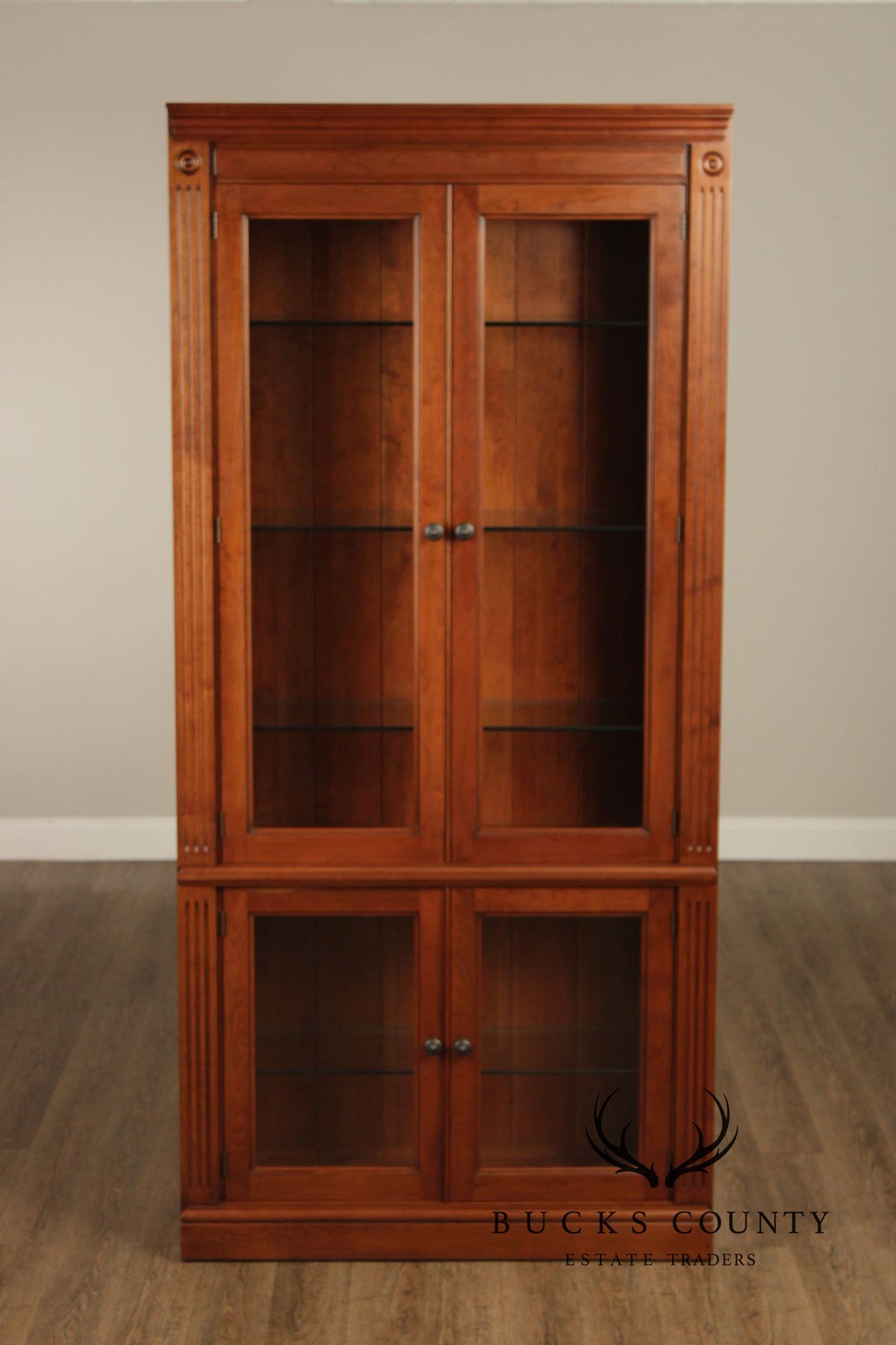 Stickley Tall Cherry Traditional Lighted Glass Door Display Cabinet