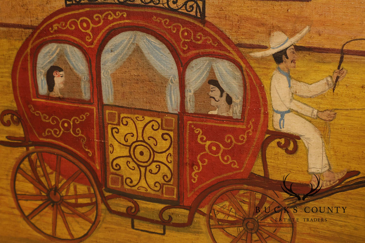Original Mexican Oil Folk Art Garden And Carriage Scene Painting By R Torres