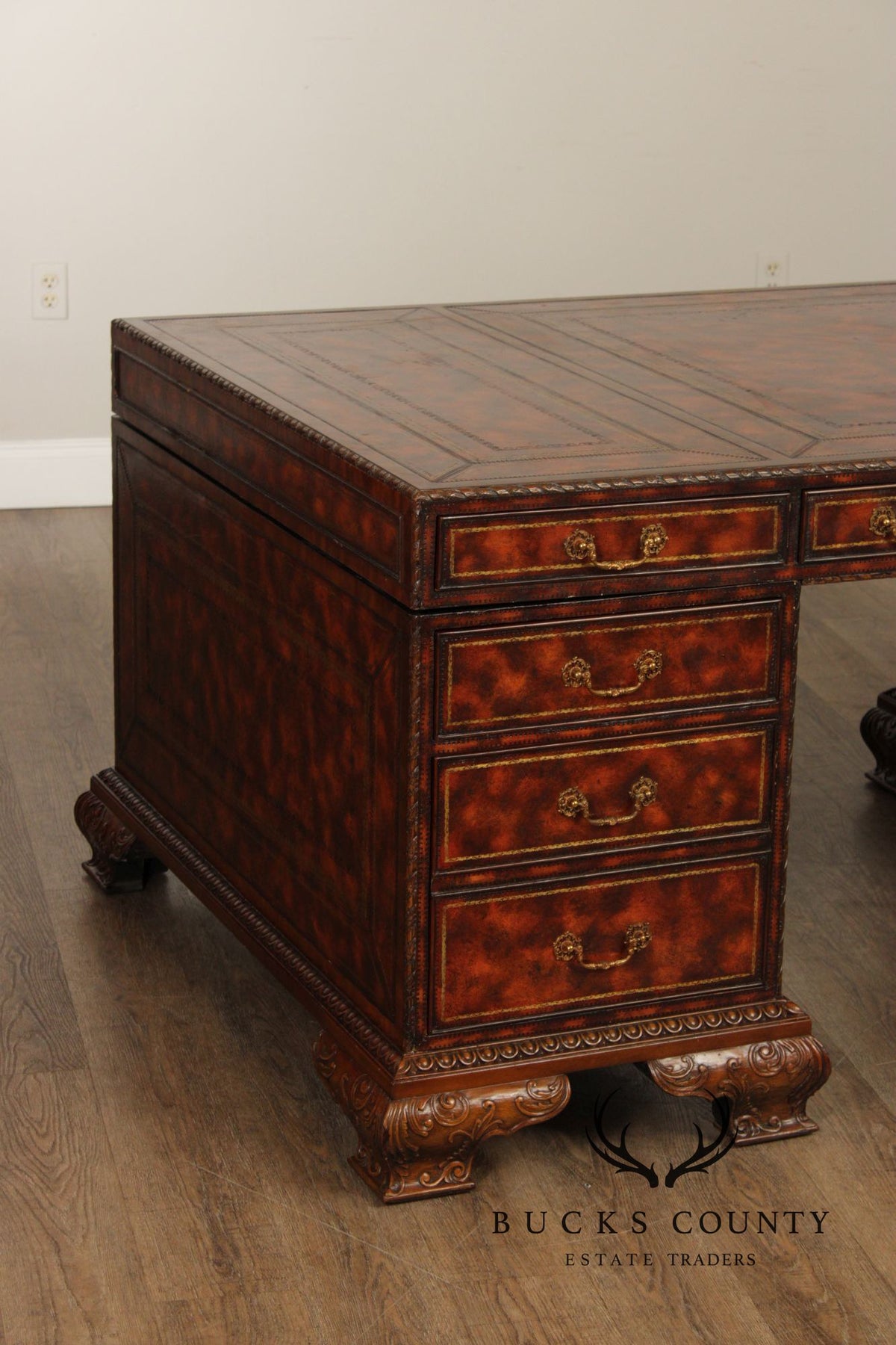 Maitland Smith Georgian Style Tooled Leather Executive Partner Desk