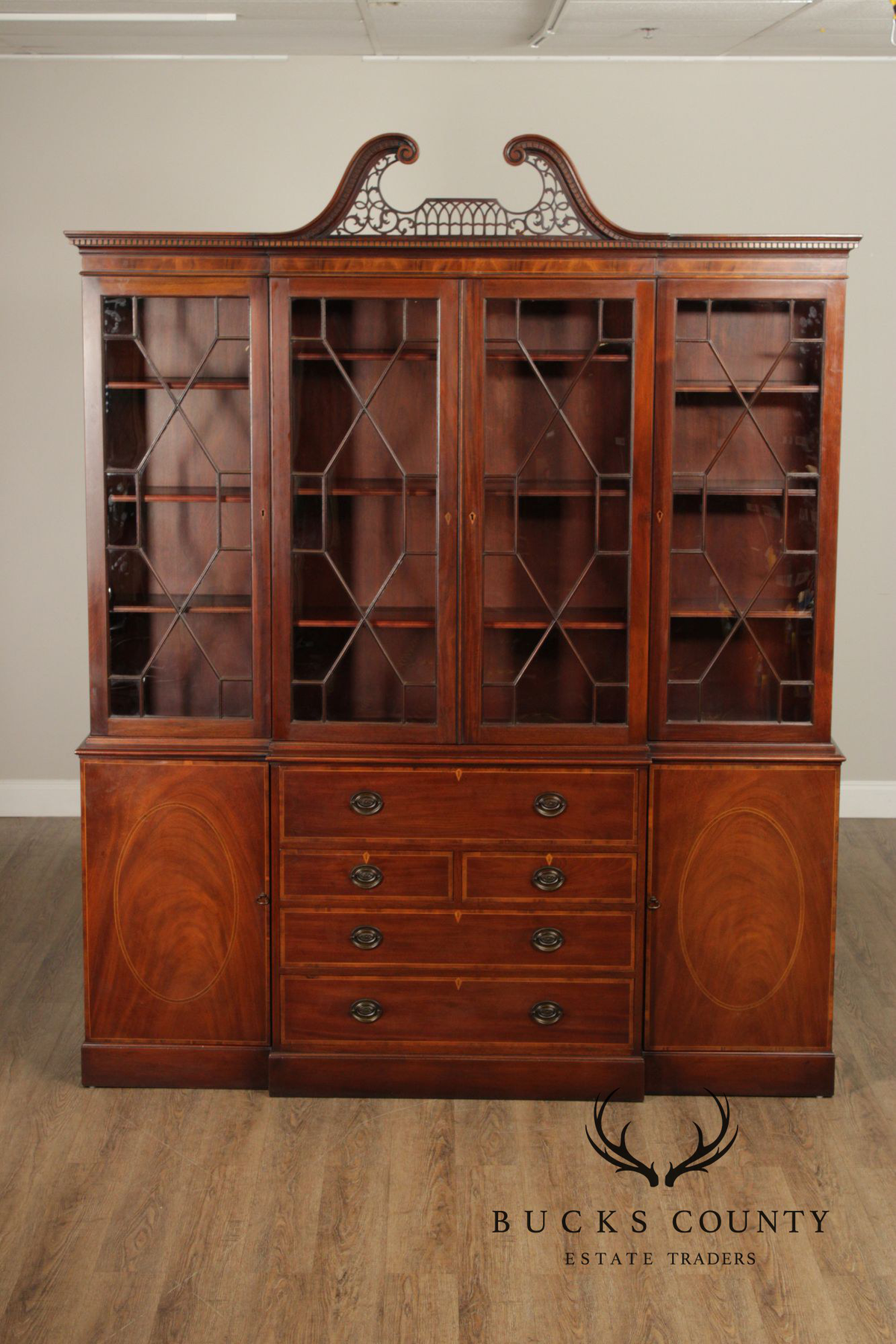 Baker Furniture Mahogany Inlaid Federal Style Breakfront Secretary Bookcase