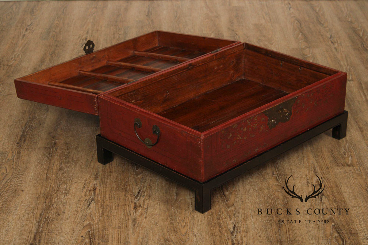 Chinese Export Style Red Lacquered Trunk With Brass Hardware On Custom Black Stand, Coffee Table
