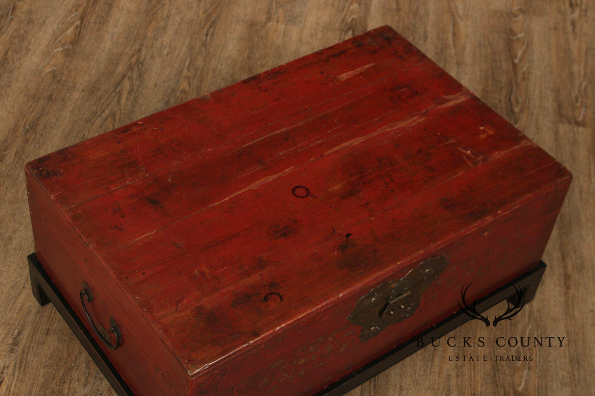 Chinese Export Style Red Lacquered Trunk With Brass Hardware On Custom Black Stand, Coffee Table