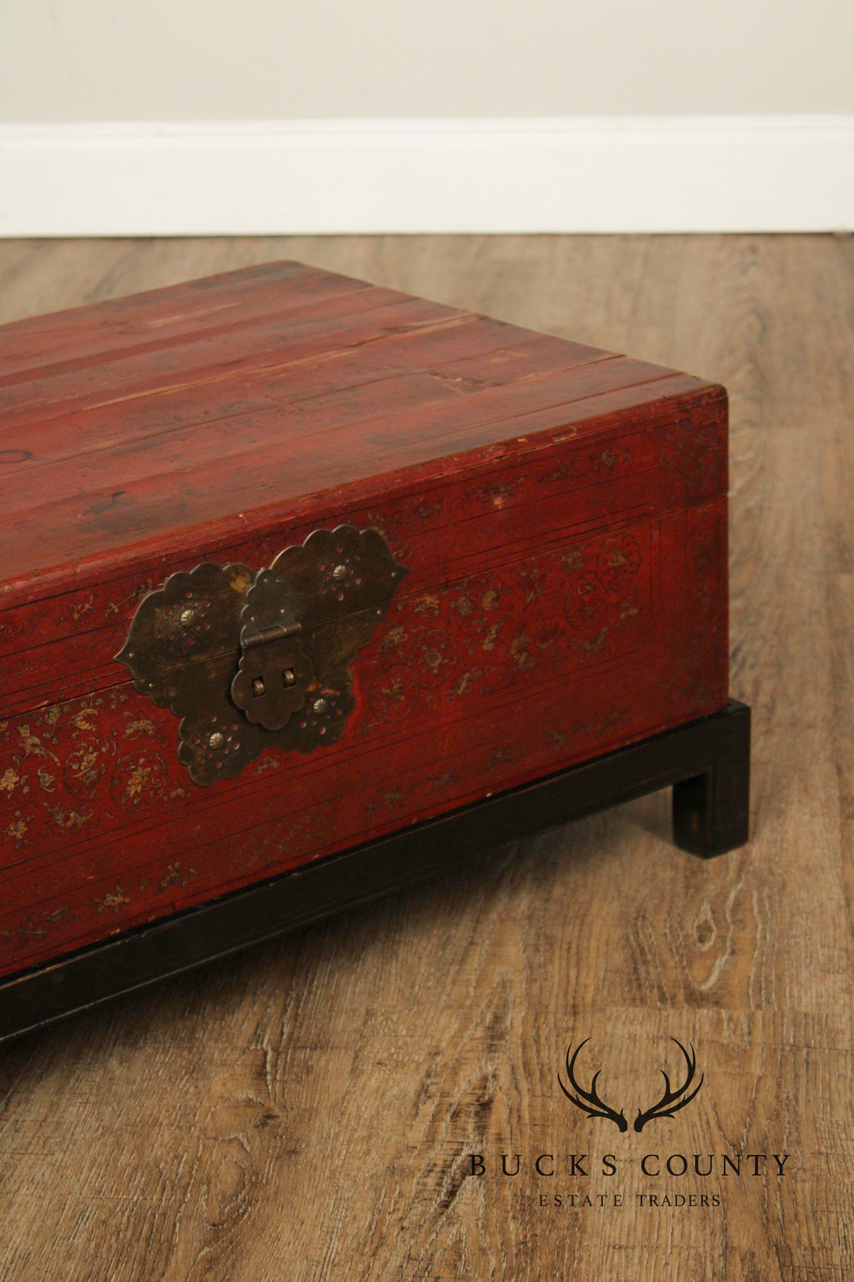 Chinese Export Style Red Lacquered Trunk With Brass Hardware On Custom Black Stand, Coffee Table
