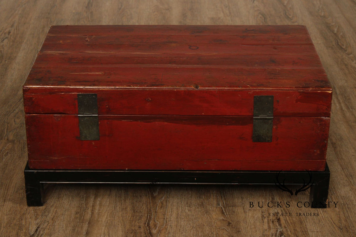 Chinese Export Style Red Lacquered Trunk With Brass Hardware On Custom Black Stand, Coffee Table