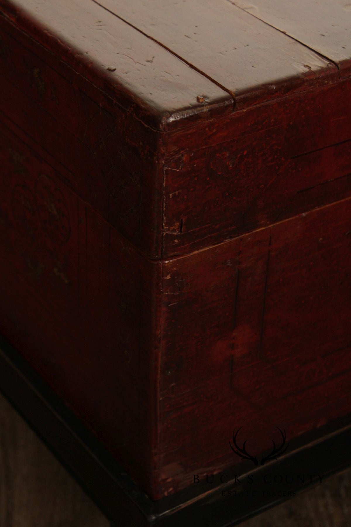 Chinese Export Style Red Lacquered Trunk With Brass Hardware On Custom Black Stand, Coffee Table