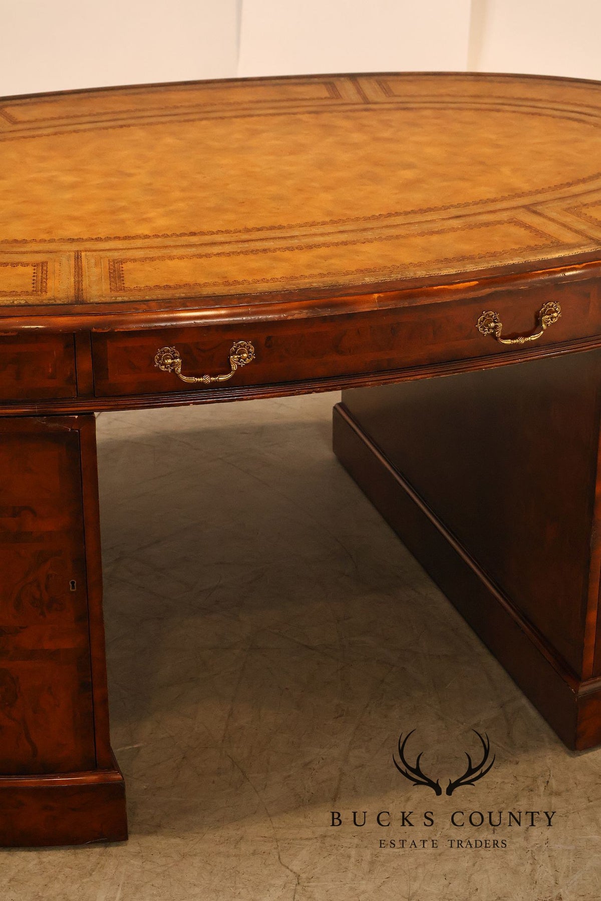 Maitland-Smith Oval Burl Wood Leather Top Partner Desk with Brass Hardware