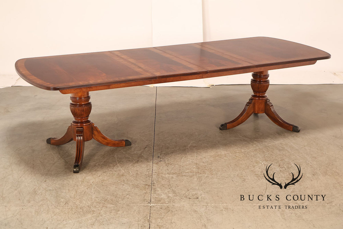 Georgian Style Banded Mahogany Double Pedestal Extension Dining Table