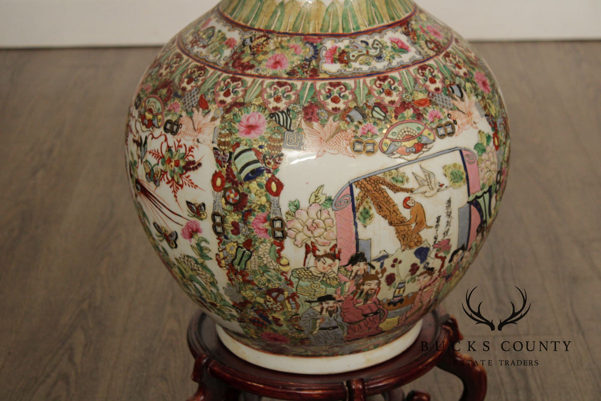 Chinese Rose Medallion Porcelain Palace Floor Vase on Stand