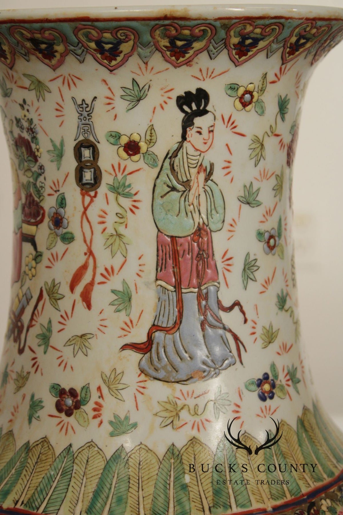 Chinese Rose Medallion Porcelain Palace Floor Vase on Stand