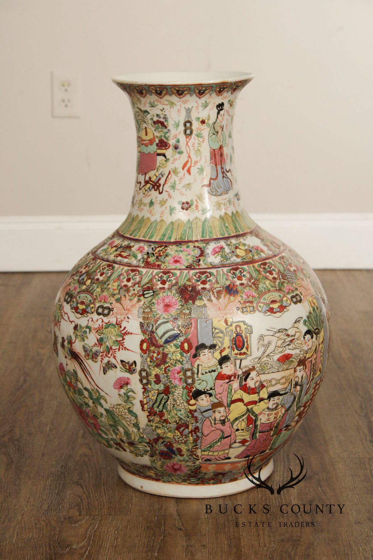 Chinese Rose Medallion Porcelain Palace Floor Vase on Stand