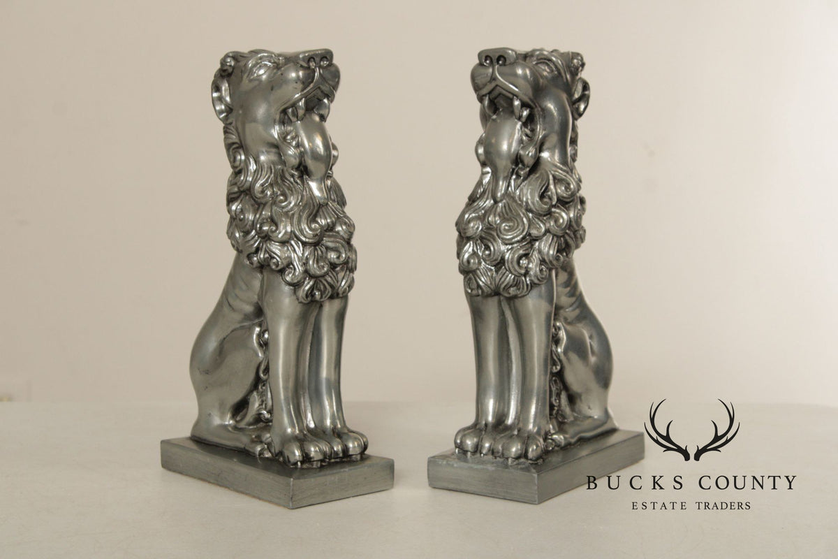 Vintage Pair Of Silvered Metal Lion Bookends