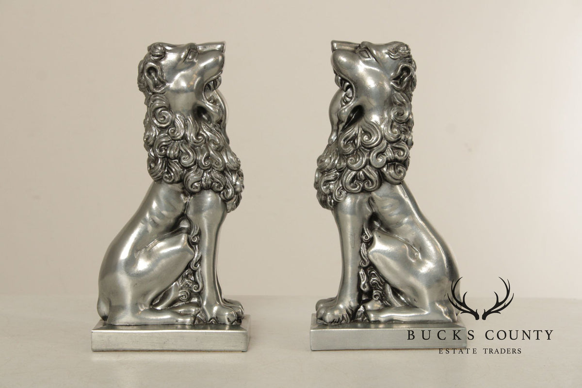 Vintage Pair Of Silvered Metal Lion Bookends