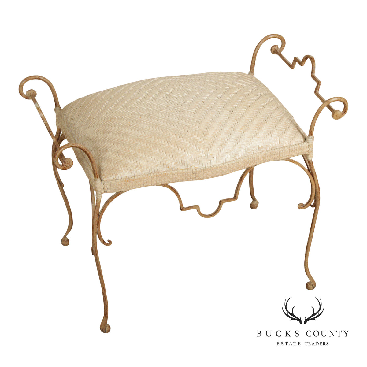 Vintage Wrought Iron and Woven Leather Vanity Bench