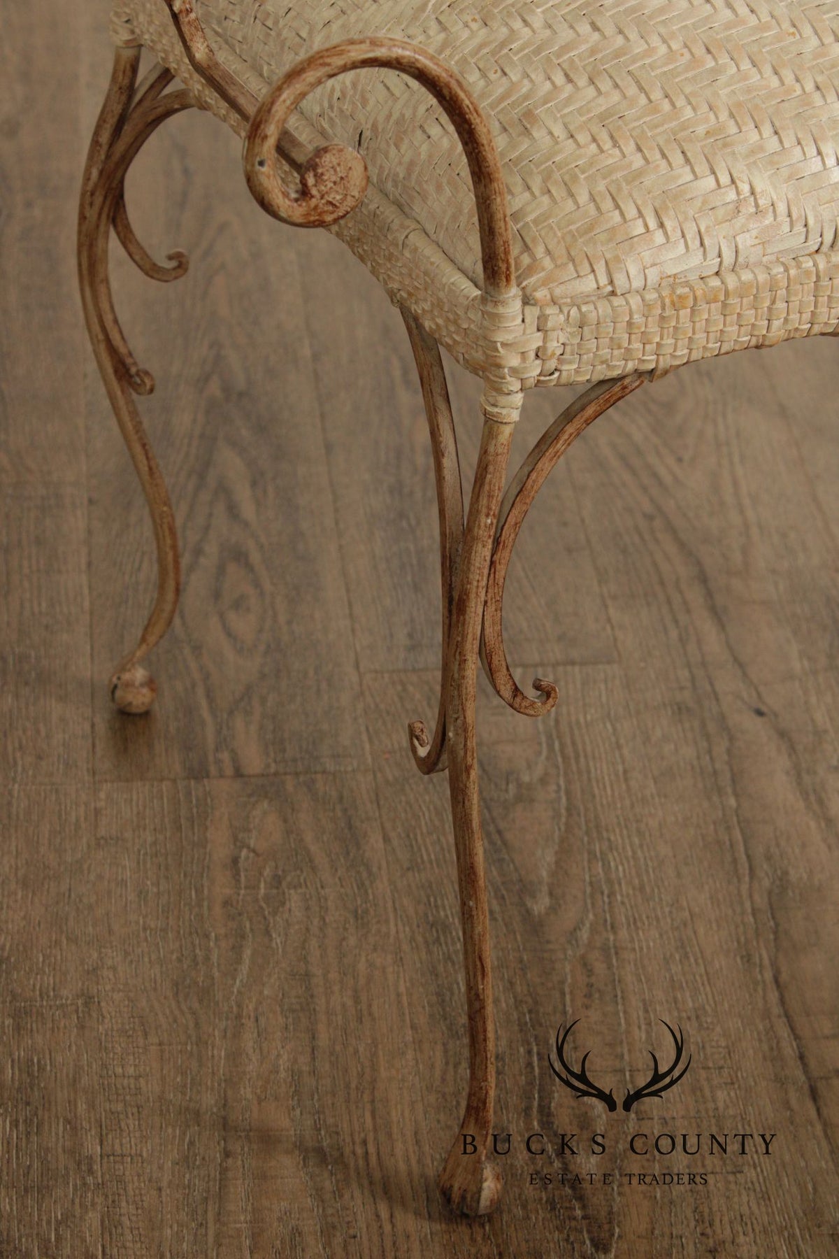 Vintage Wrought Iron and Woven Leather Vanity Bench