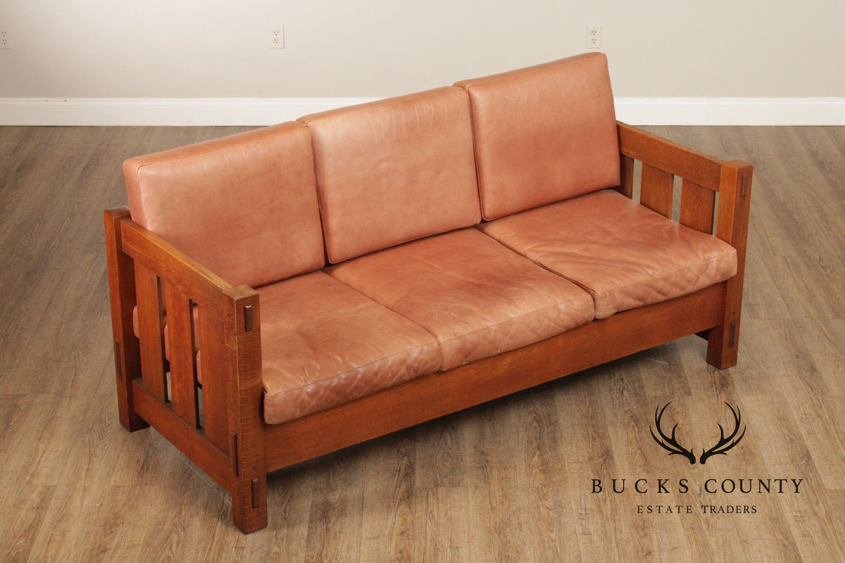 Gustav Stickley Antique Mission Oak and Leather Even-Arm Settle Sofa
