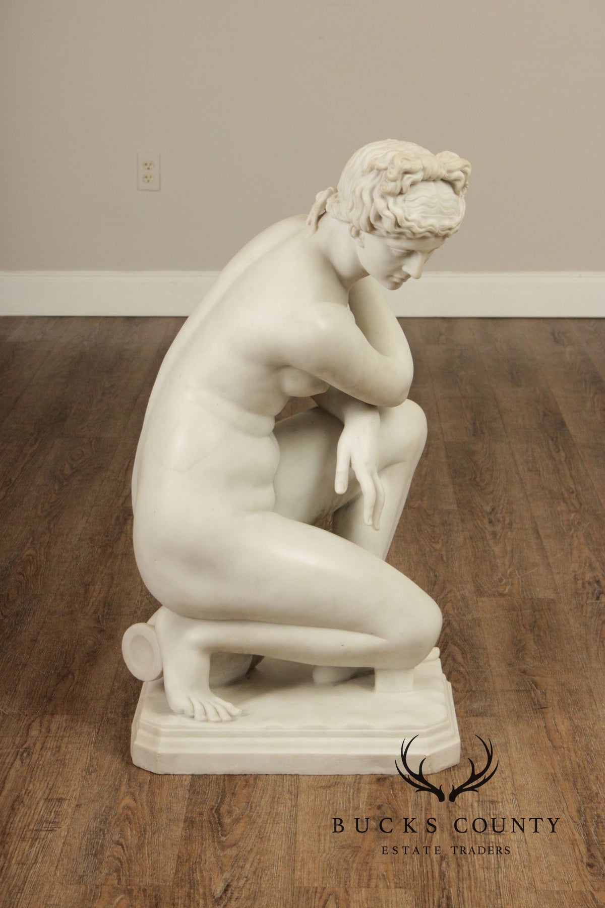 Neoclassical Style Large Antique Carved Marble Sculpture Of Kneeling Venus