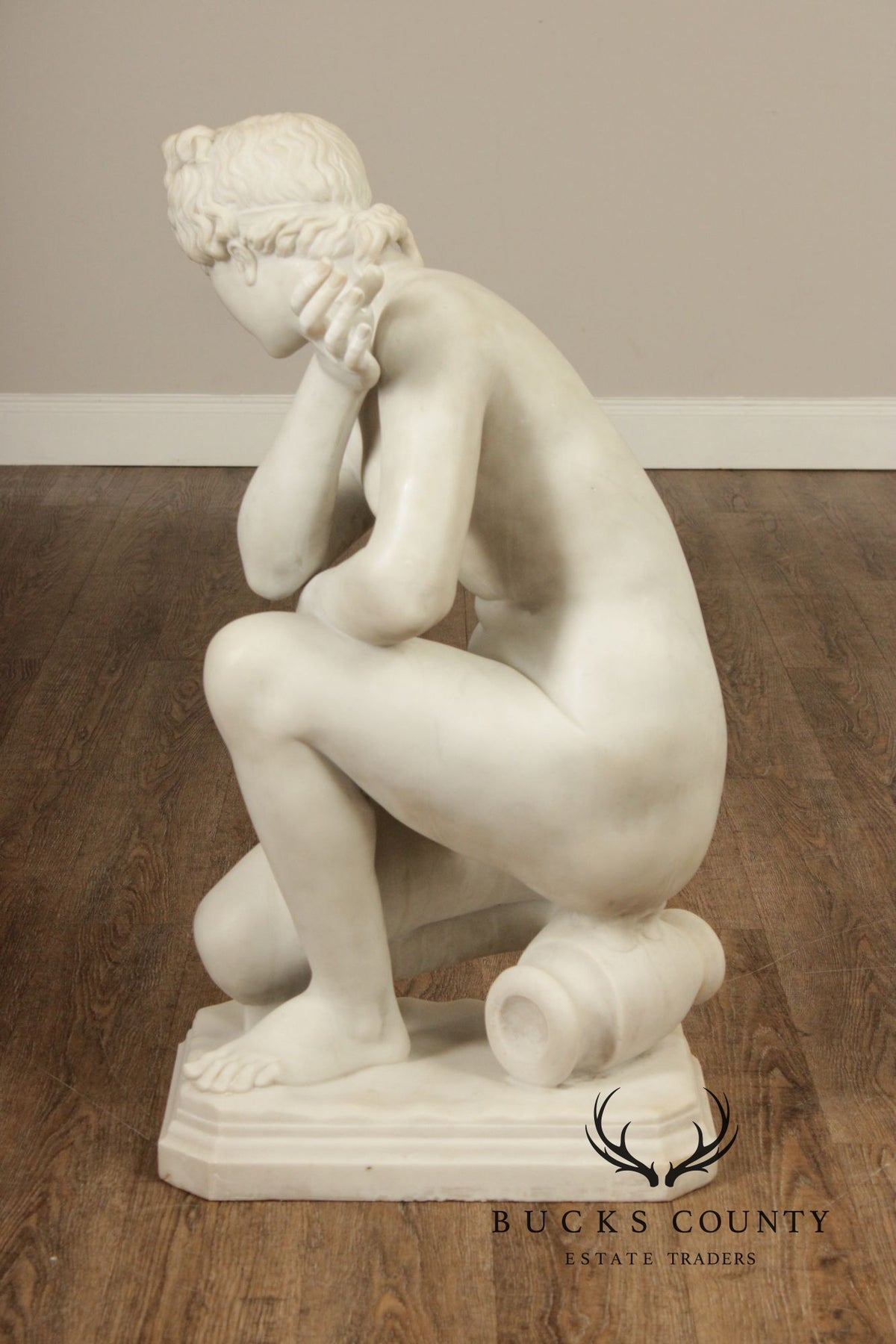 Neoclassical Style Large Antique Carved Marble Sculpture Of Kneeling Venus