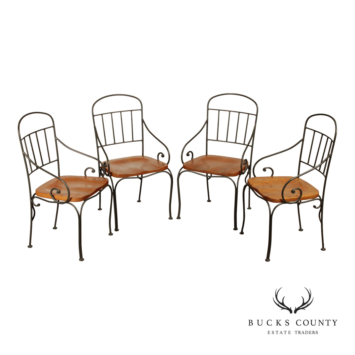 Kincaid French Country Style Set of Four Wrought Iron and Oak Dining Chairs