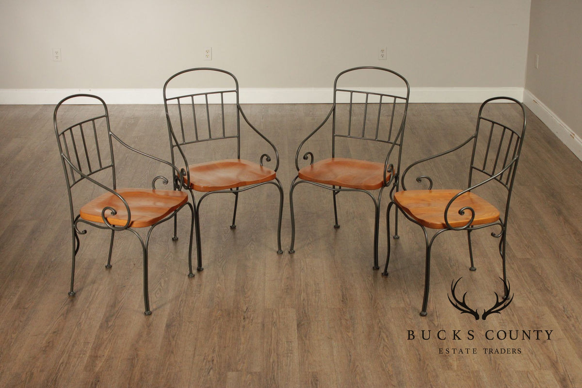 Kincaid French Country Style Set of Four Wrought Iron and Oak Dining Chairs