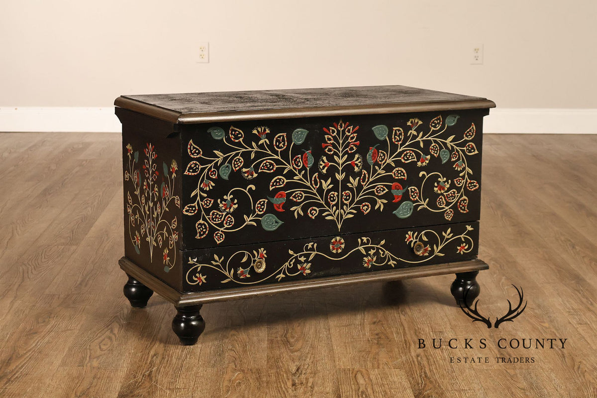 Hand Painted Black Floral Decorated Blanket Chest With Drawer