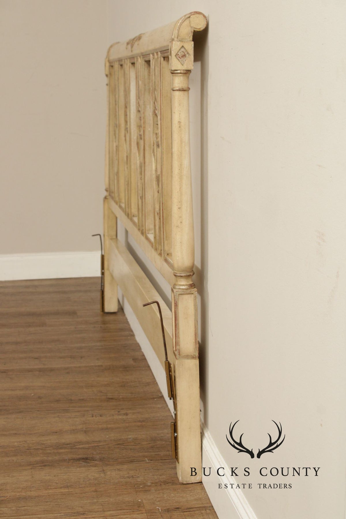 French Neoclassical Directoire Style Distress Painted King Headboard