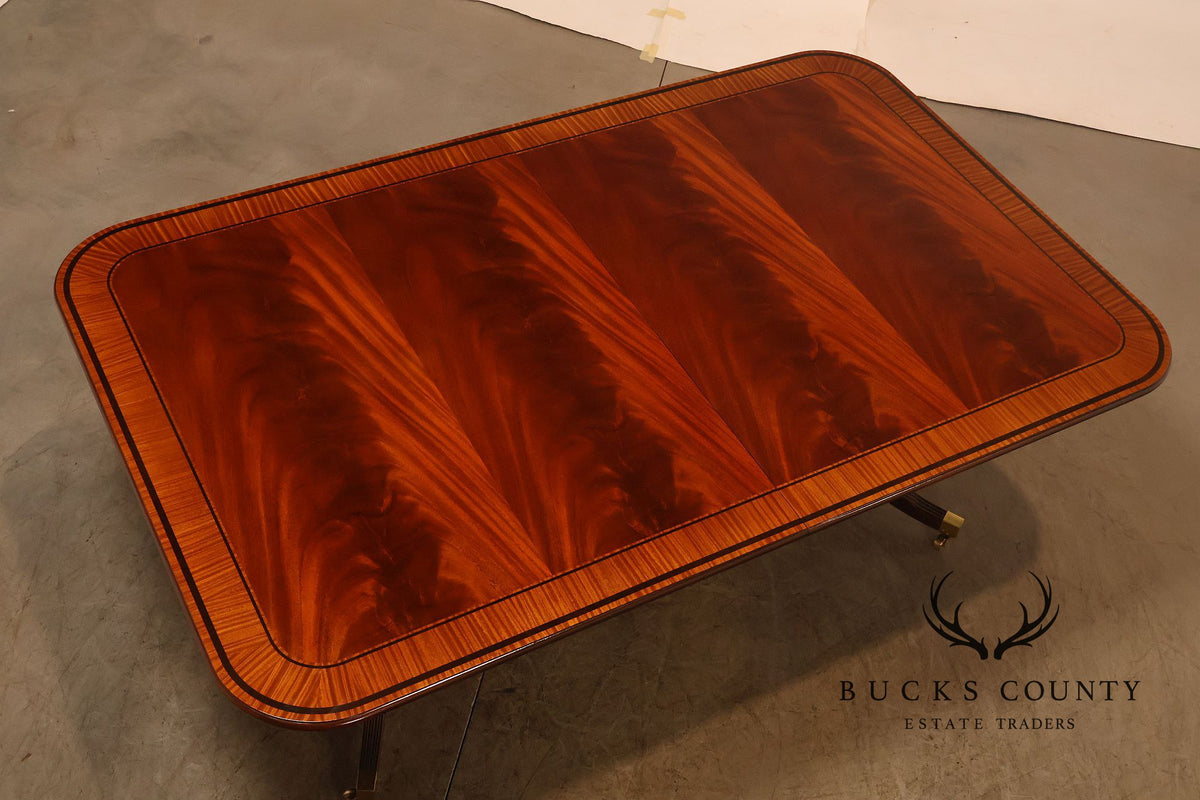 Baker Furniture Mahogany Banded Double Pedestal Extension Dining Table With Three Leaves