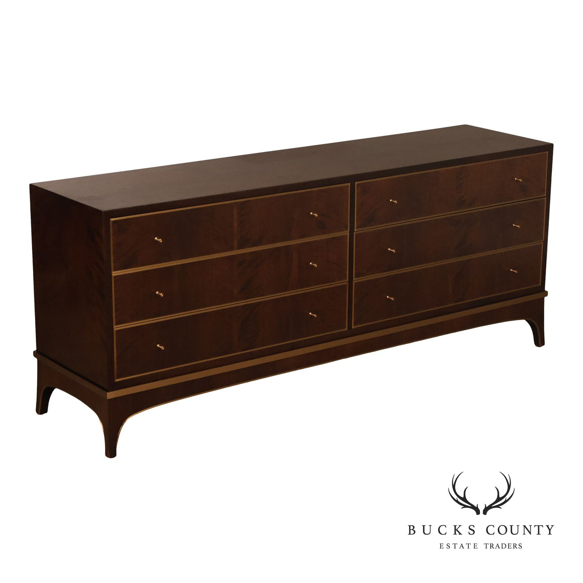 Newell Design Studio Ebonized Walnut Finish Double Dresser With Brass Trim And Six Drawers