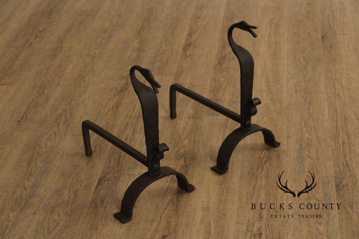 Arts & Crafts Pair of Wrought Iron Duck Fireplace Andirons