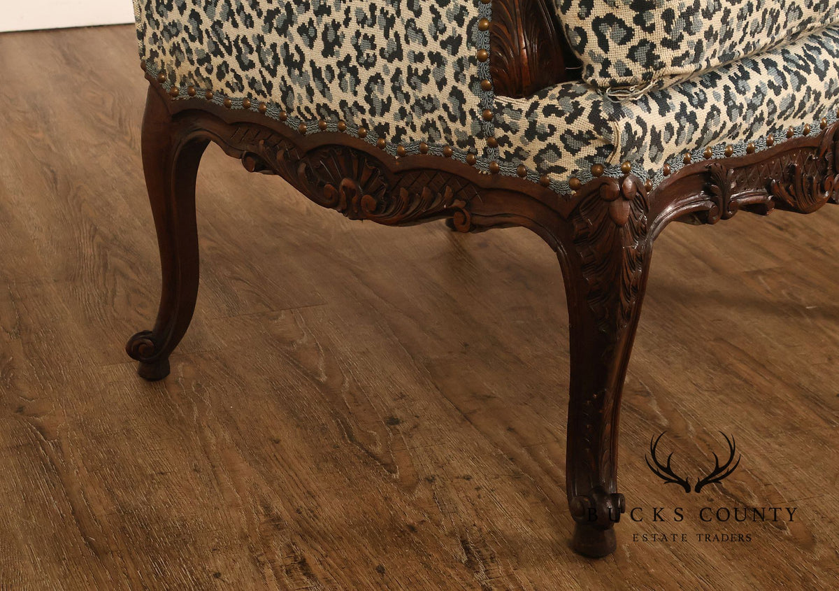 Vintage French Louis XV Style Carved Wood Leopard Upholstered Bergere Armchair