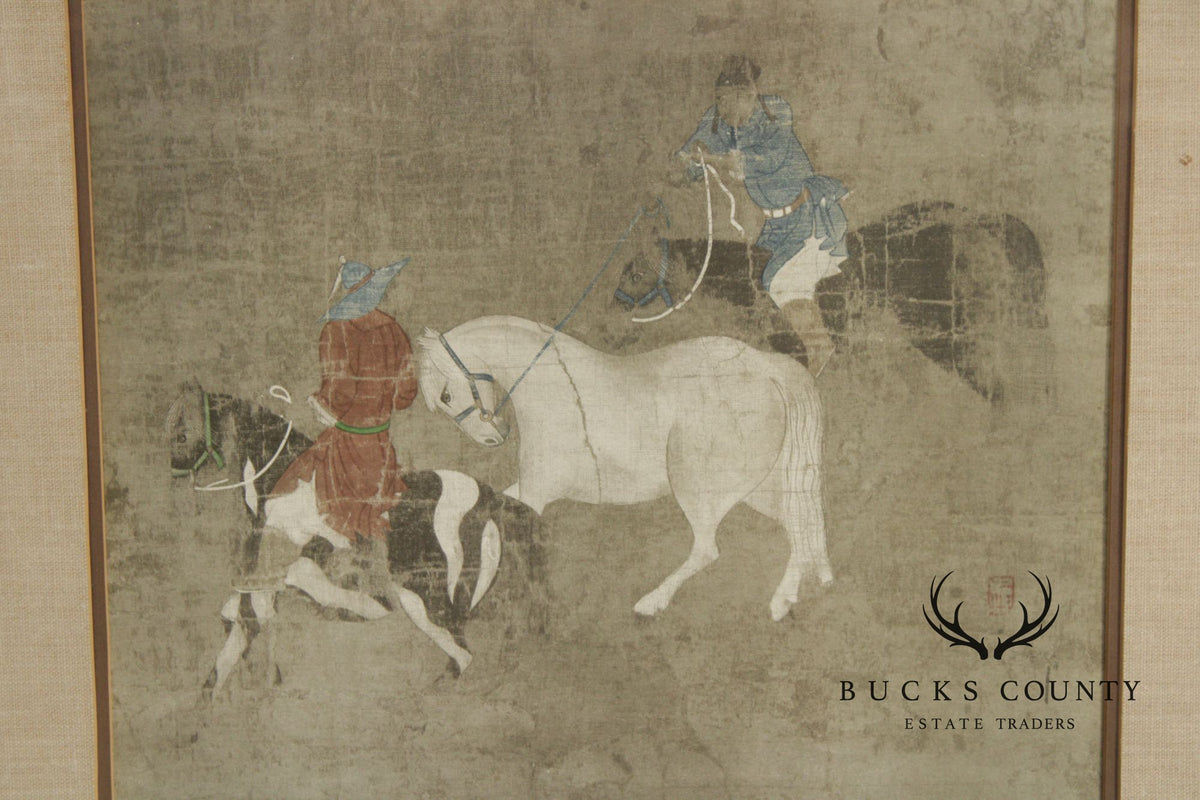 Vintage Chinese Print, 'Riders Leading a White Horse'