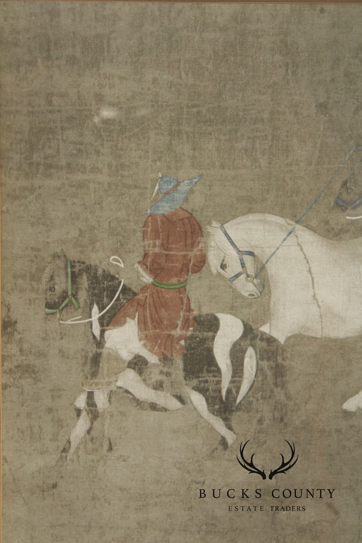 Vintage Chinese Print, 'Riders Leading a White Horse'