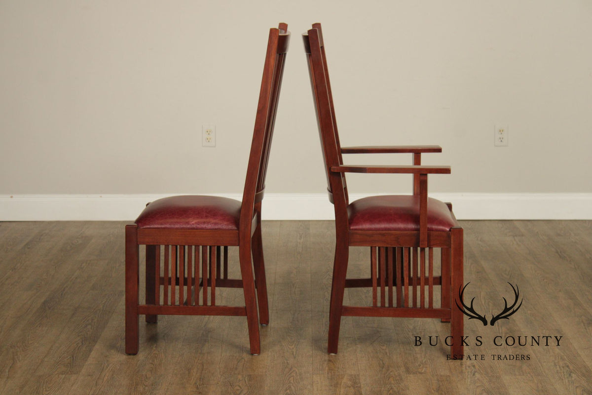 Zimmerman Mission Style Custom Set Of Four Cherry And Leather Spindle Dining Chairs