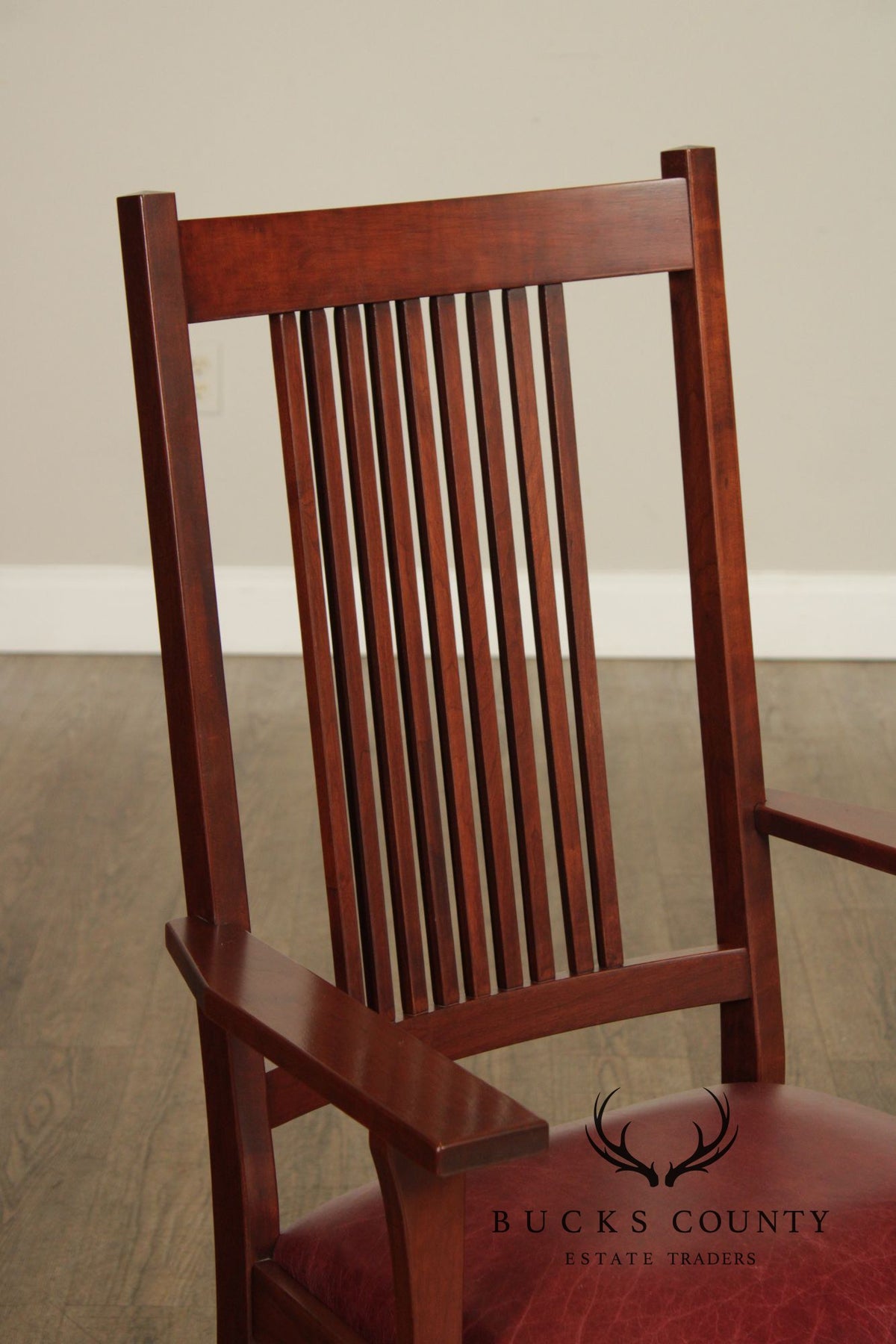Zimmerman Mission Style Custom Set Of Four Cherry And Leather Spindle Dining Chairs