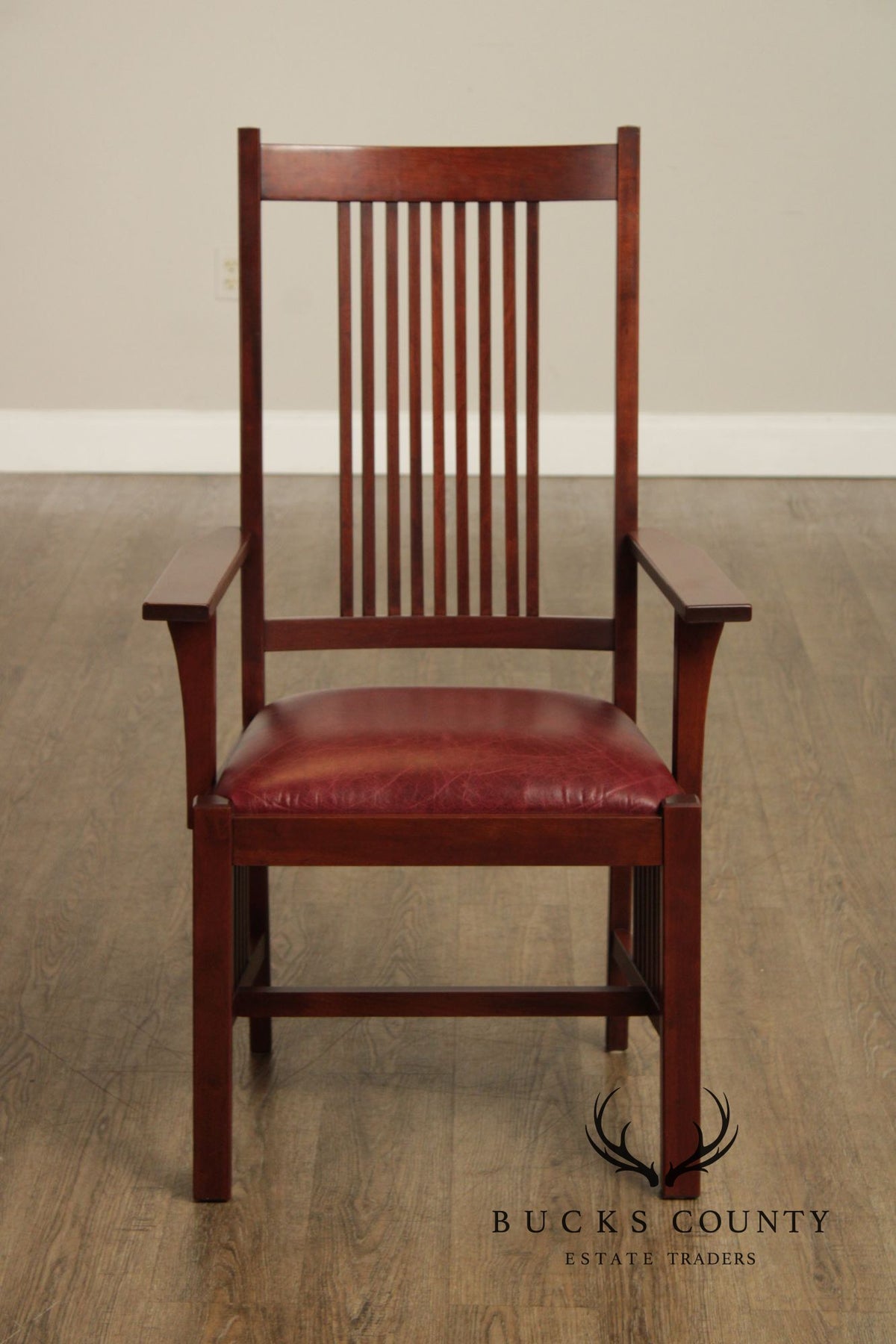 Zimmerman Mission Style Custom Set Of Four Cherry And Leather Spindle Dining Chairs