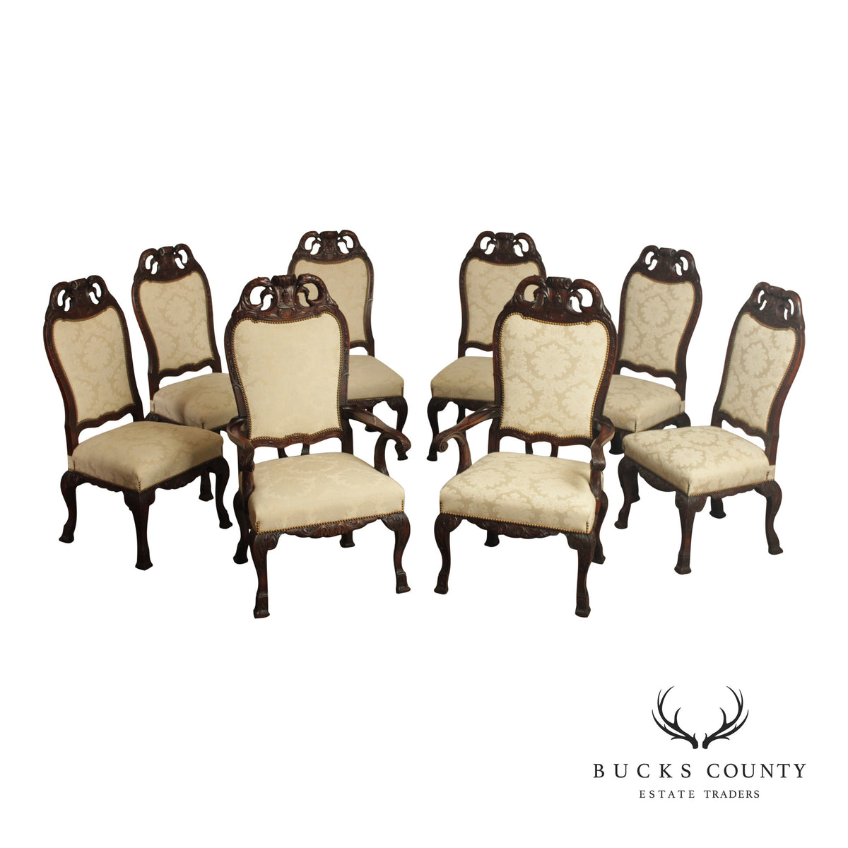 Georgian Style 1930's Vintage Set of 8 Carved Mahogany Dining Chairs
