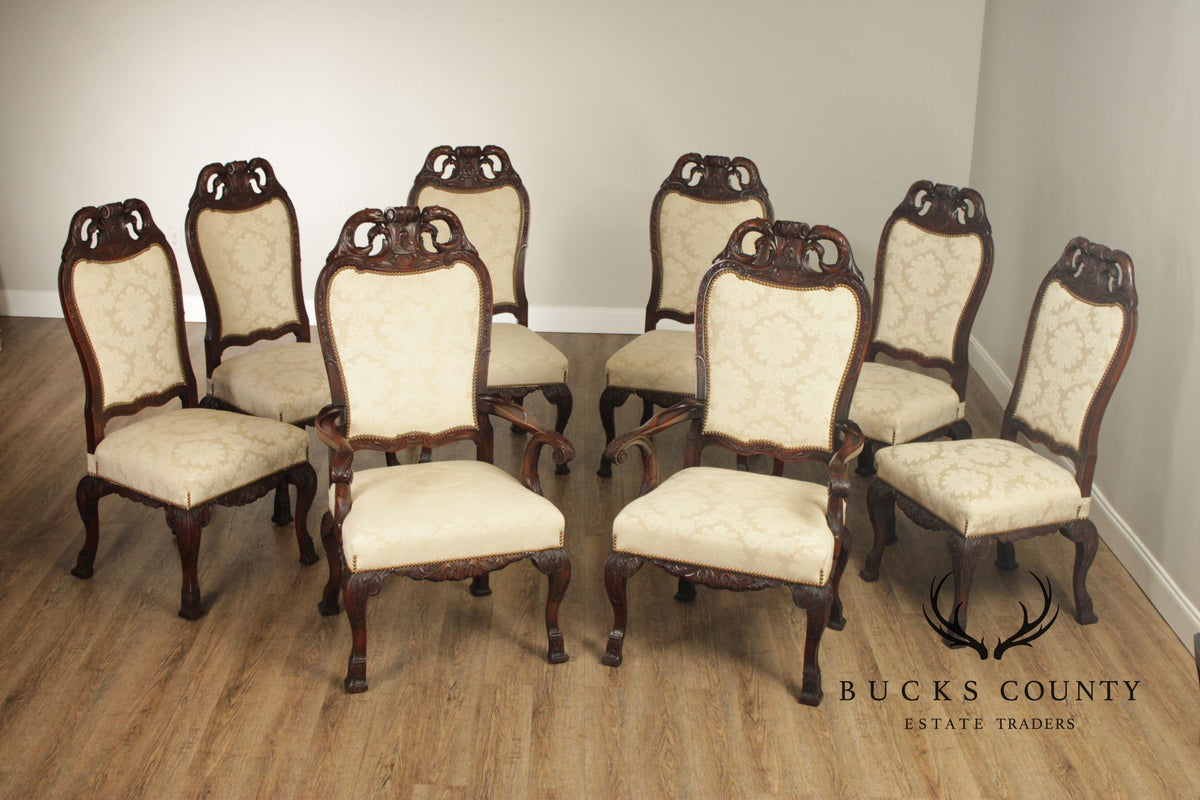 Georgian Style 1930's Vintage Set of 8 Carved Mahogany Dining Chairs