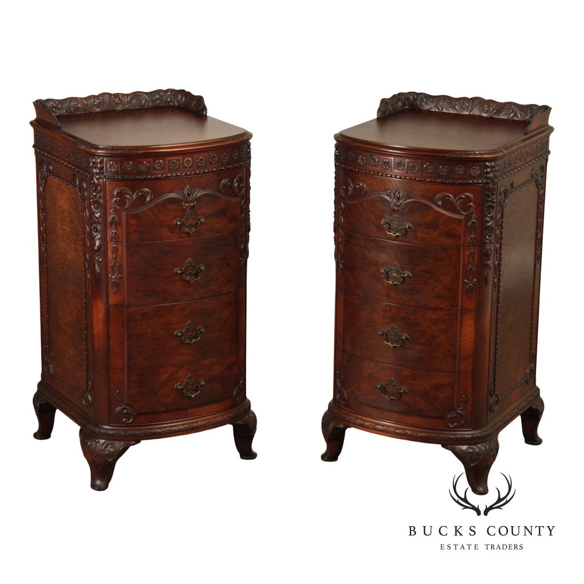 1930's Georgian Style Carved Mahogany Pair Of Four Drawers Chests