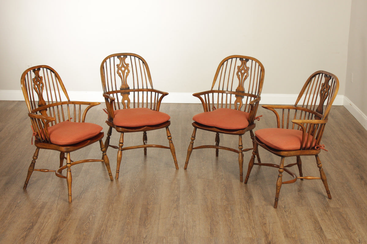 Vintage Set of Four English Oak Windsor Dining Armchairs