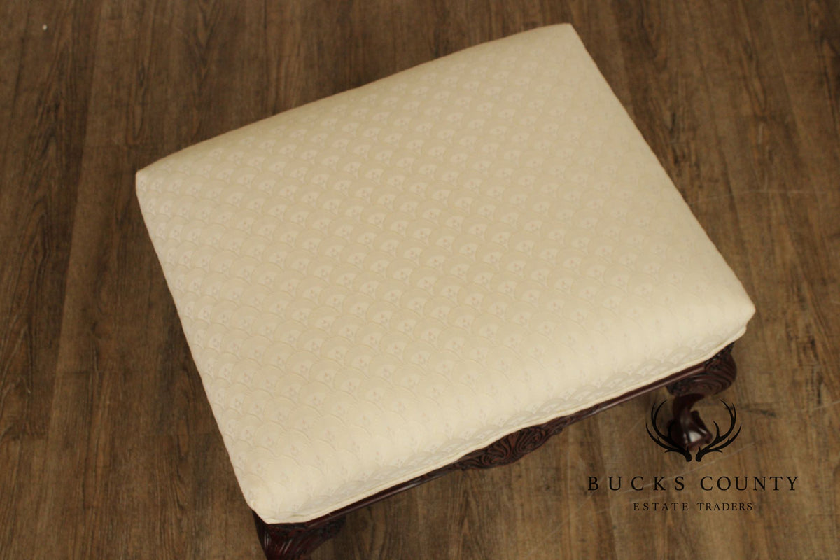Thomasville Pair Of Chippendale Style Mahogany Upholstered Ottomans